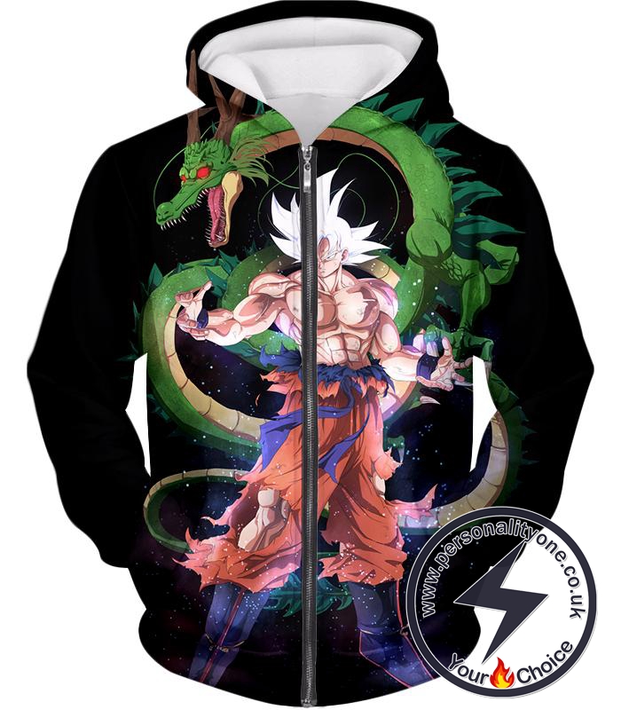 Dragon Ball Super Cool Hero Goku Super Saiyan White X Dragon Shenron Awesome Black Zip Up Hoodie